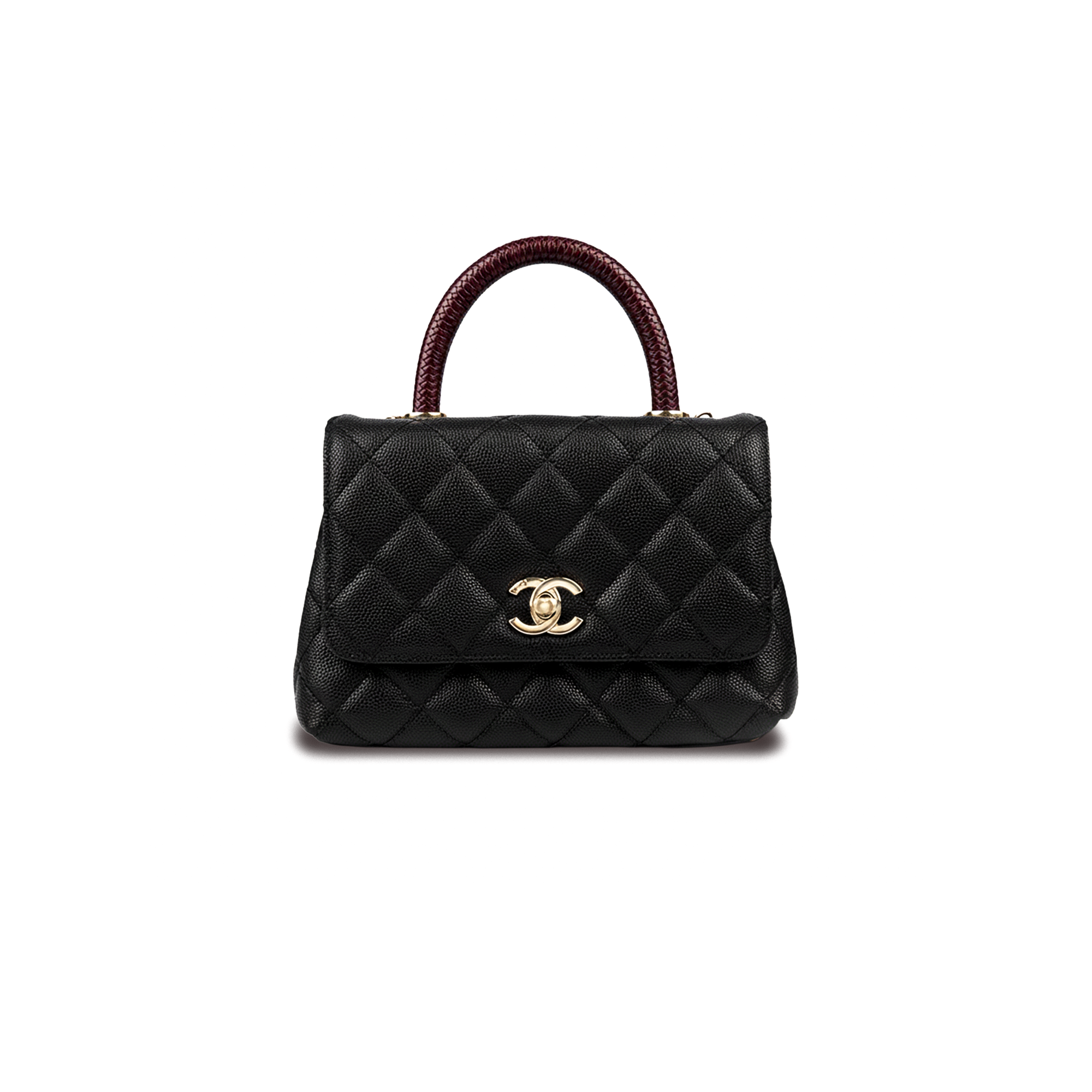 حقيبة شانيل ميني سوداء كافيار بمقبض عنابي