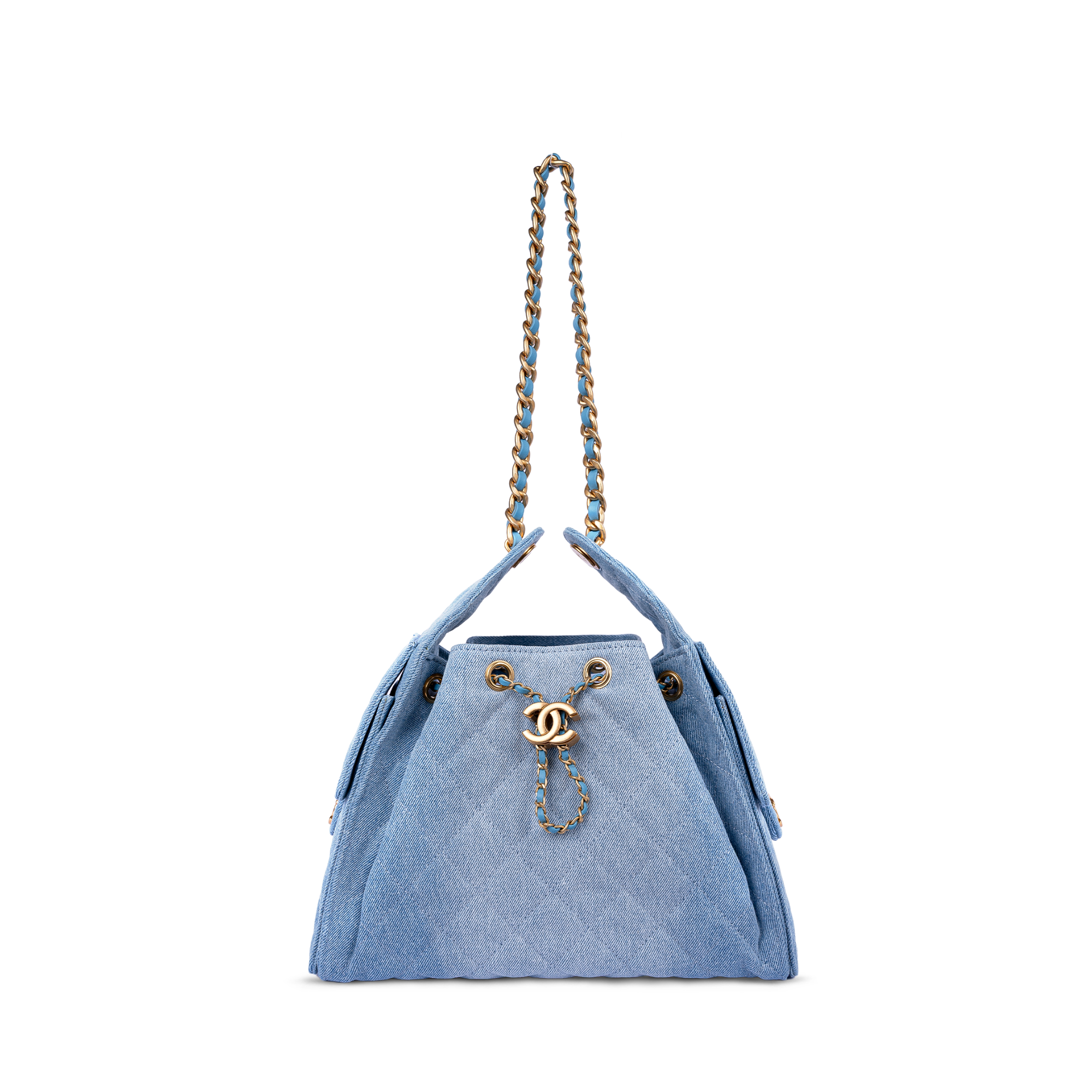 حقيبة شانيل 25 سمول جينز أزرق بإطارات ذهبية