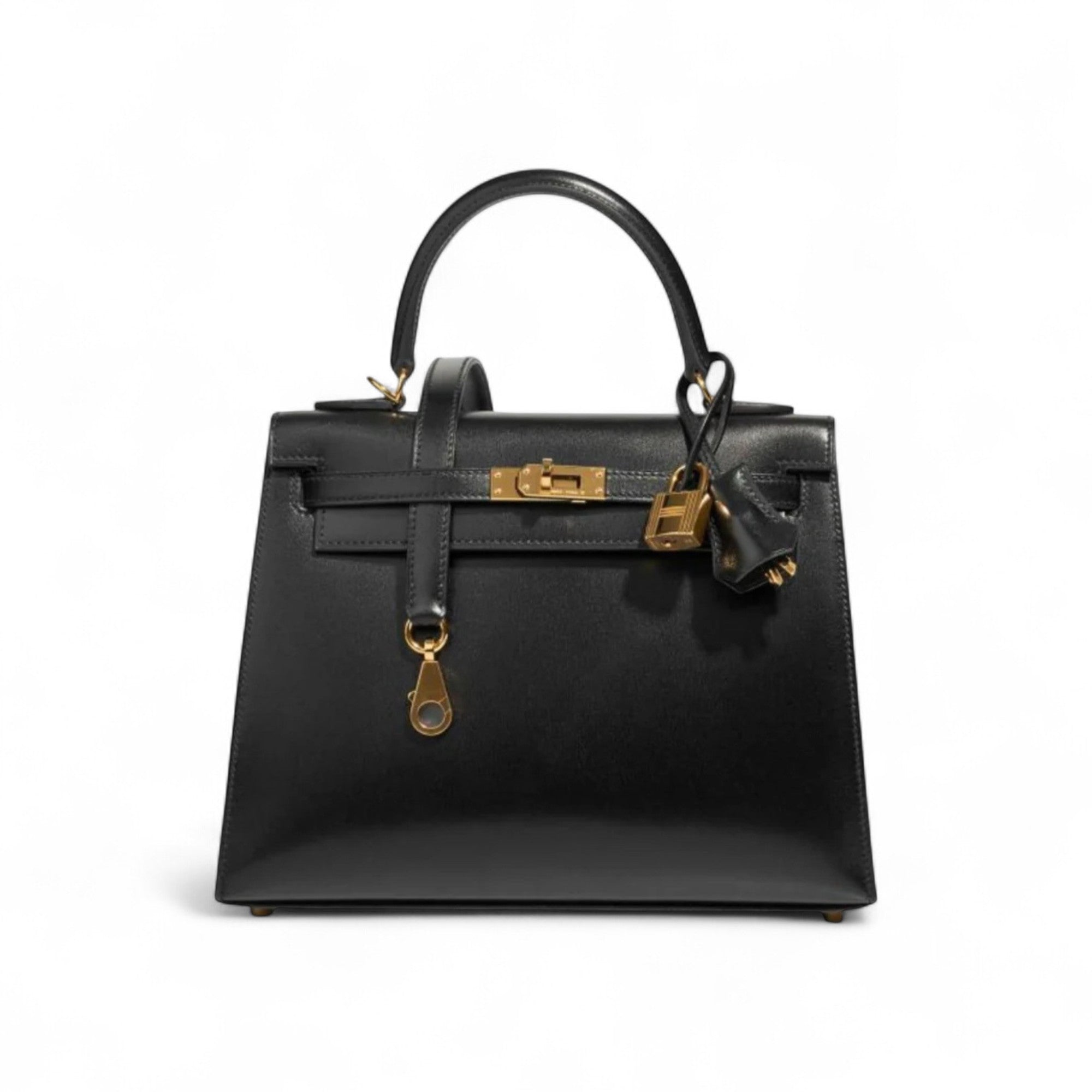 حقيبة هيرمس كيلي 25 بوكس سوداء بإطارات ذهبية