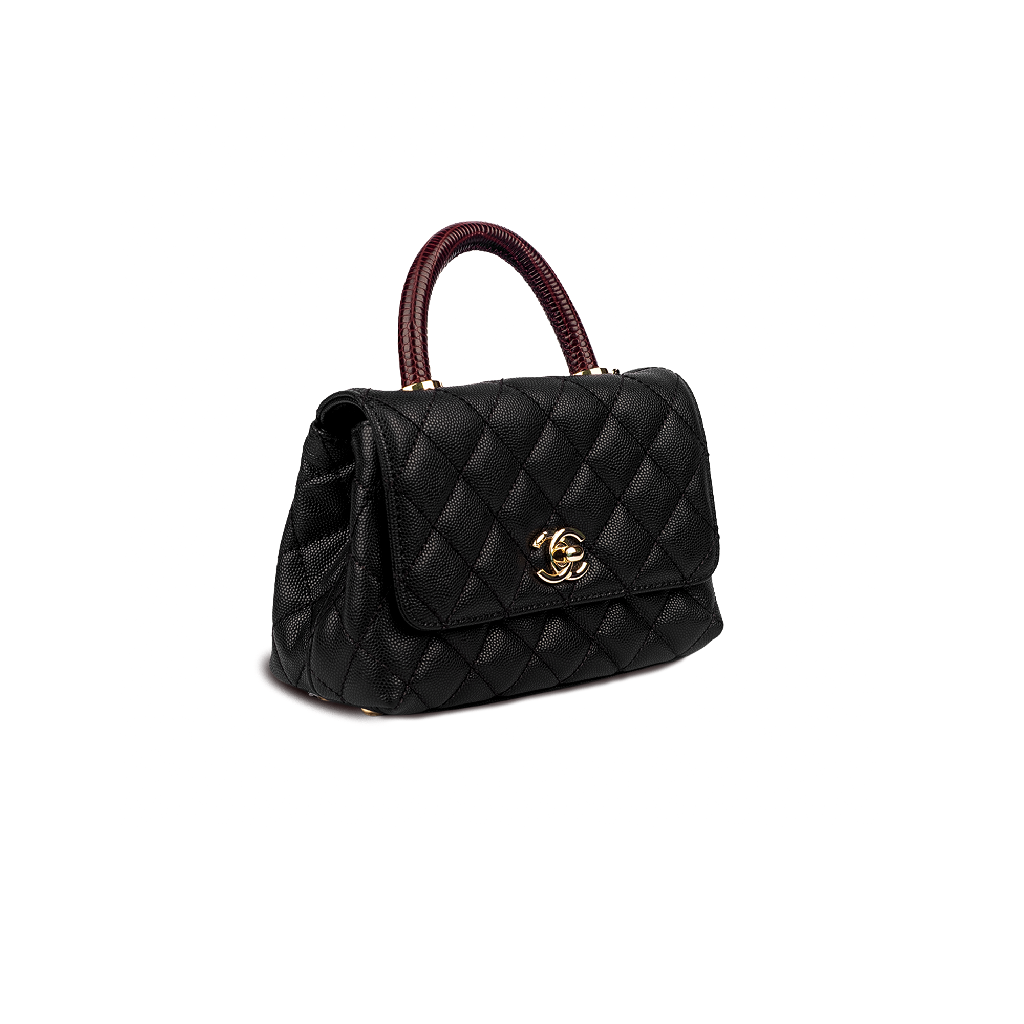 حقيبة شانيل ميني سوداء كافيار بمقبض عنابي