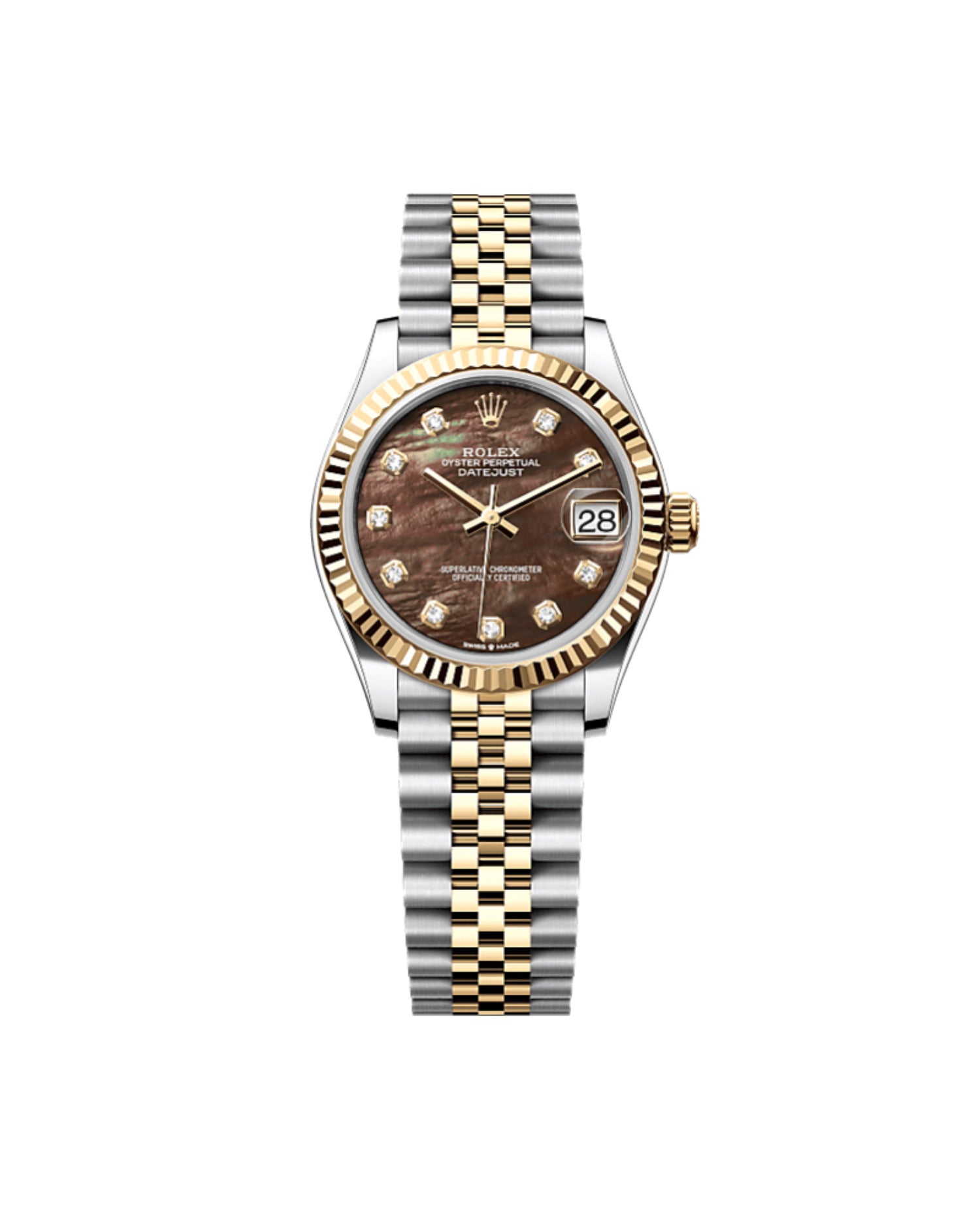 RLX Datejust 31 Oyster, 31 mm, Oystersteel, yellow gold, Features a Black mother-of-pearl