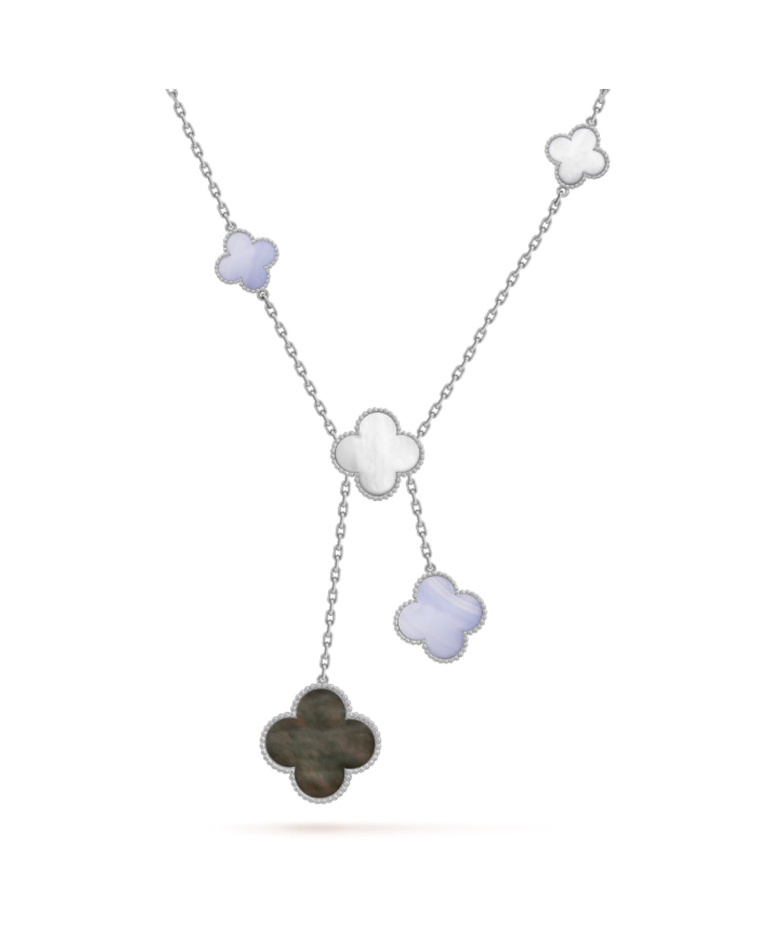 VCF Magic Alhambra necklace, 6 motifs, white gold, Chalcedony, Mother-of-pearl