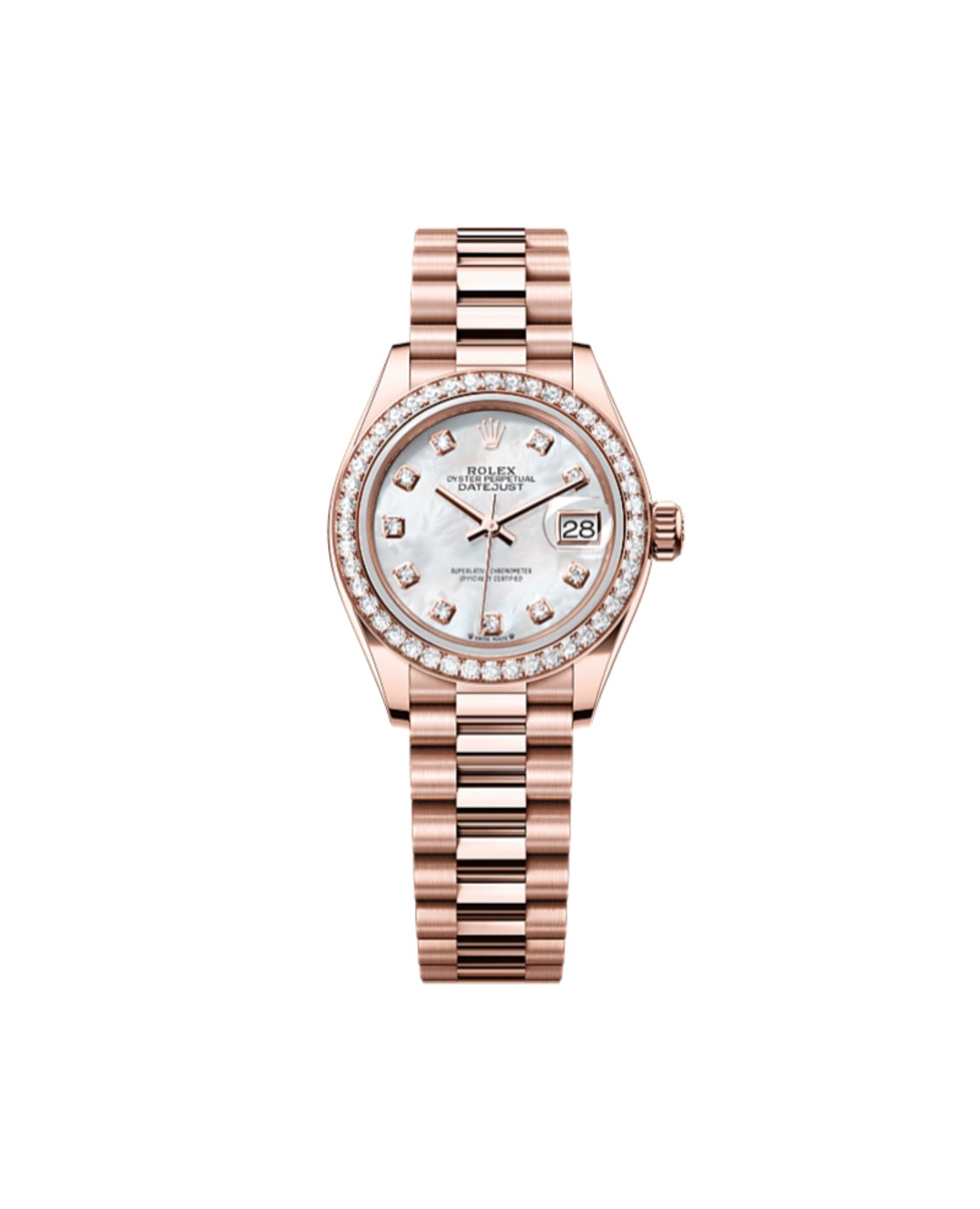 RLX Lady-Datejust Oyster, 28 mm, Everose gold and diamonds, Mother-Of-Pearl