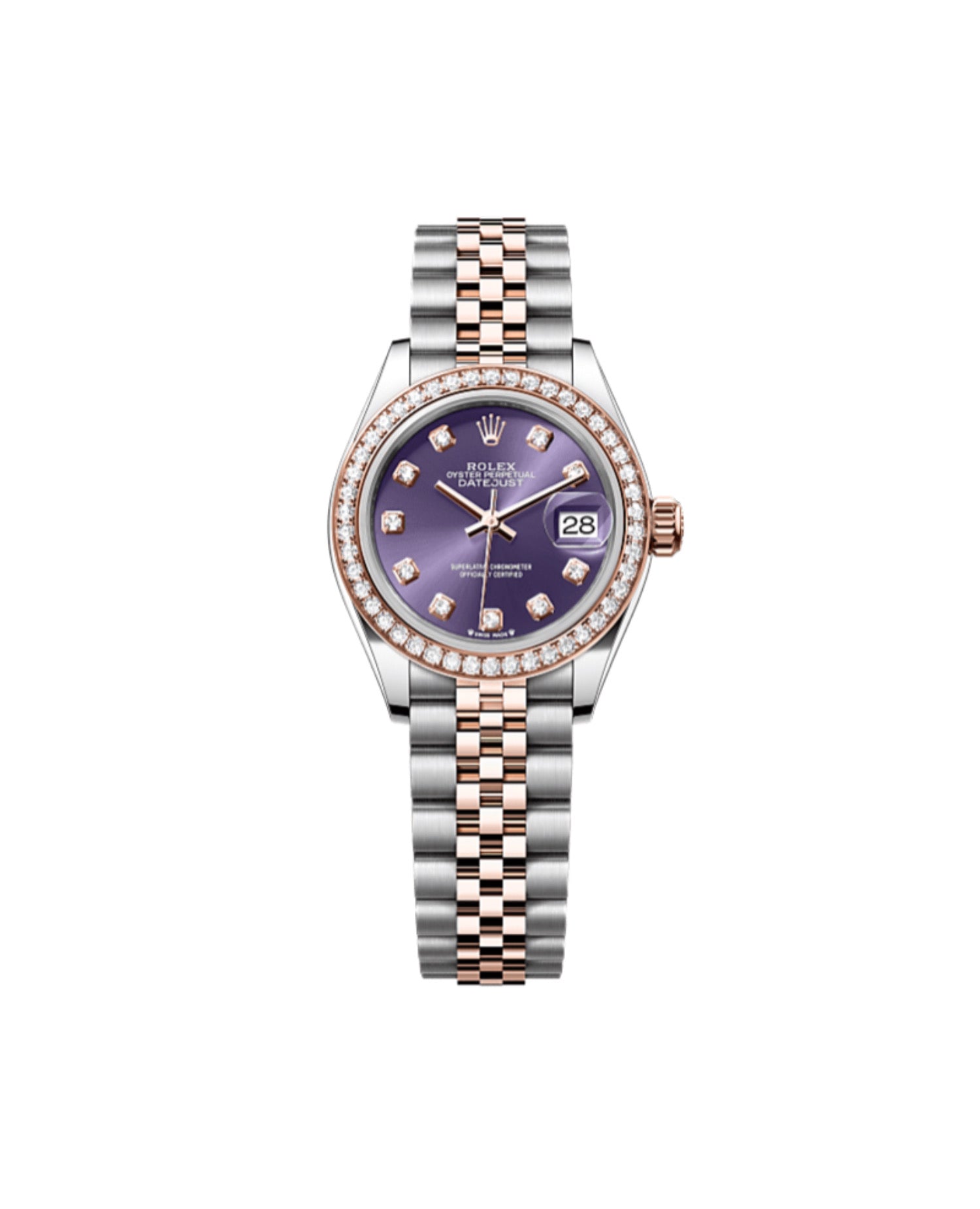 RLX Lady-Datejust Oyster, 28 mm, Oystersteel, Everose gold and diamonds, Aubergine