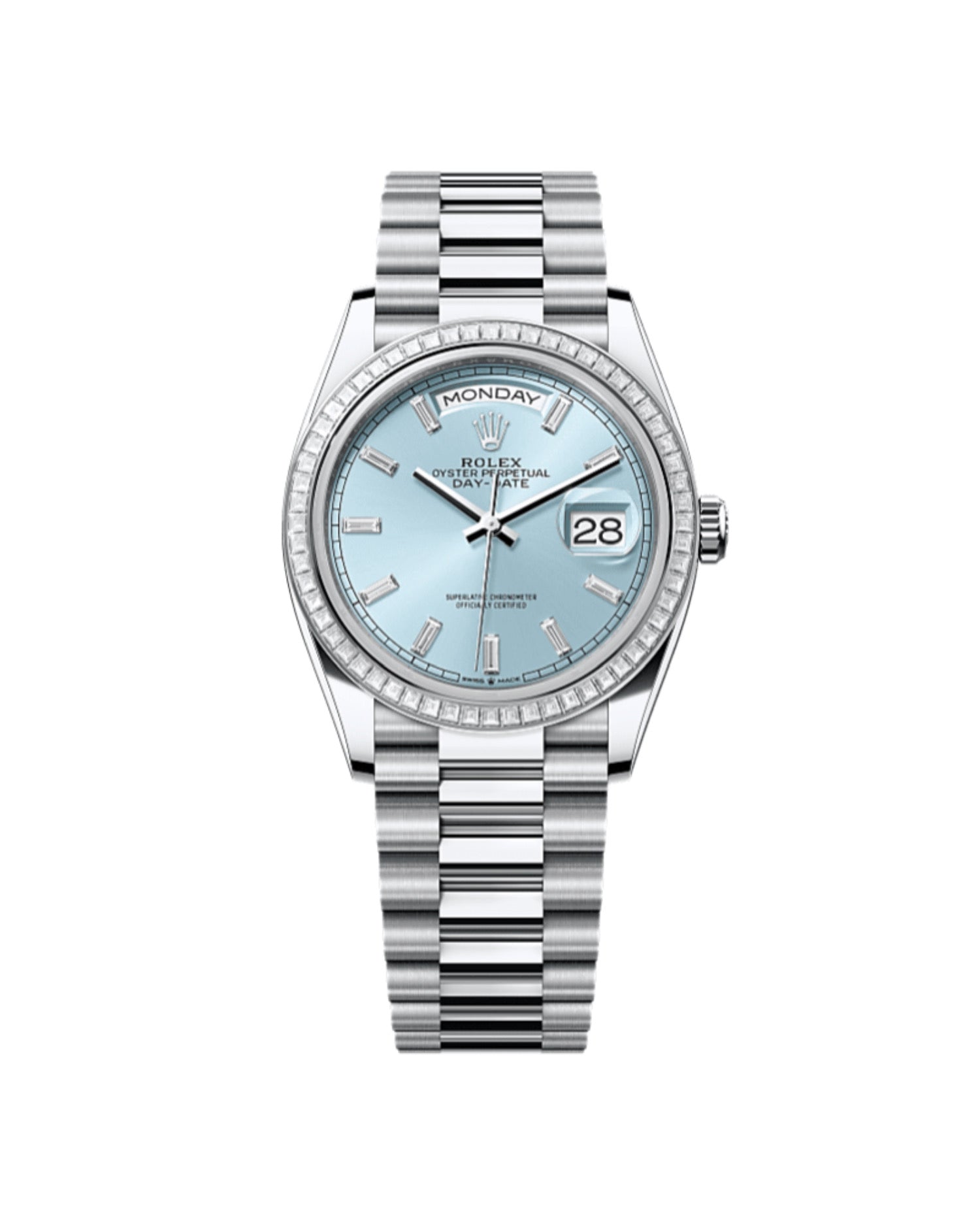RLX Day-Date 36 Oyster, 36 mm, platinum and diamonds, Ice-Blue