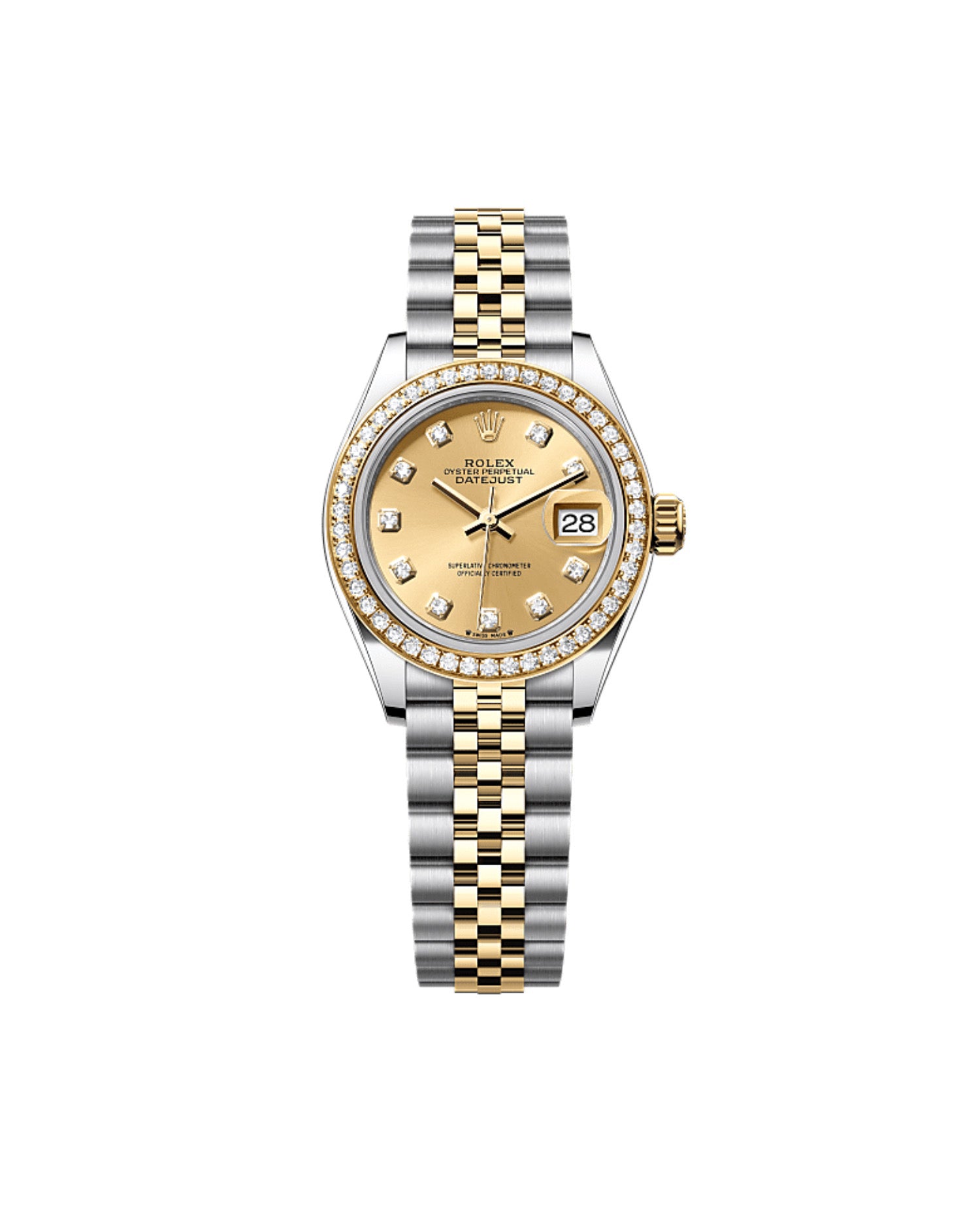 RLX Lady-Datejust Oyster, 28 mm, Oystersteel, yellow gold and diamonds, Champagne